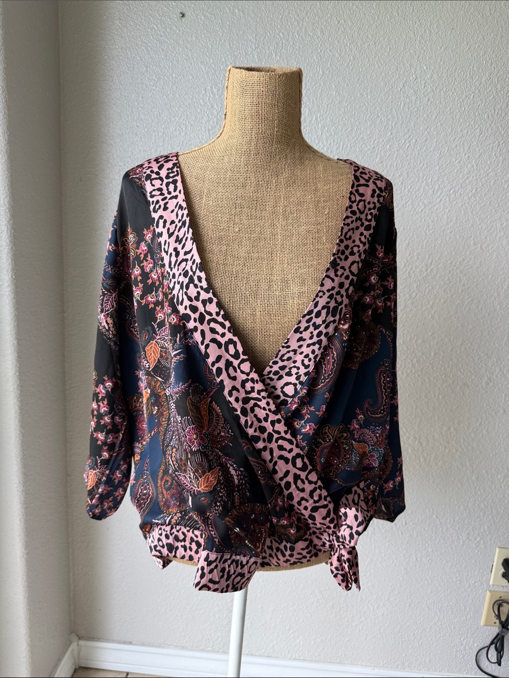 dressbarn Navy Paisley Wrap Blouse with Pink Leopard Trim